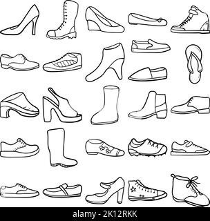 Handgezeichnete Schuhe Doodle Line Art Outline Set mit Schuh, Schuhen, kniehohen Stiefeln, Stiefeln, Cowboy Stiefeln, Gummistiefel, Uggs, Timberland Stock Vektor