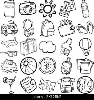 Travel Hand Drawn Doodle Line Art Outline Set mit Reisen, Reisepass, Sonnenbrille, Sonne, Bildern, Plastikflasche, Bus, Kopfhörer, Rucksack, Karte Stock Vektor