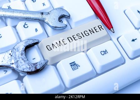 Sign zeigt Game Designer an. Business Idea Campaigner Pixel Scripting Programmierer Konsolen 3D Grafiken Stockfoto