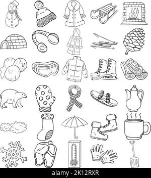 Winter Handgezeichnetes Doodle Line Art Outline Set Mit Schaufel, Wolken, Snowboard, Kamin, Thermometer, Mantel, Schneeflocke, Pullover, Schneebälle, Hut, Stock Vektor