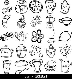 Tea Time Handgezeichnetes Doodle Line Art Outline Set mit Tea Time, Zuckerwürfeln, Honig, Wasserkocher, Zitrone, tasse, Teekannen, Becher, Orange, Croissant, Teeblatt Stock Vektor