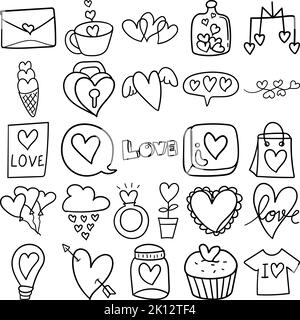 Handgezeichnetes „Doodle Line Art Outline“-Set Mit Liebe, Valentinstag, Karte, Umschlag, Herz, Herzen, Liebesküken, Schloss, Eis, Ring, Pfeil, Cupcake Stock Vektor