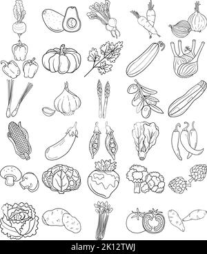 Handgezeichnetes Gemüse Doodle Line Art Outline Set Mit Avocado, Artischocke, Spargel, Mais, Pilz, Brokkoli, Blumenkohl, Gurke, Glockenpfepp Stock Vektor