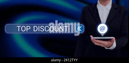 Schild mit dem oberen Rabatt. Wort für den besten Preis garantiert Hot Items Crazy Sale Promotions Stockfoto