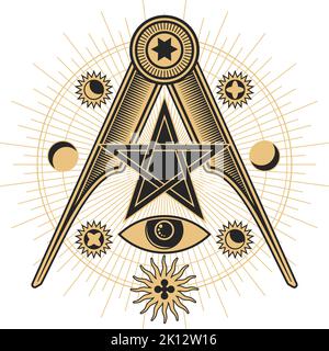 Freimaurerzeichen, okkultes esoterisches Pentagramm Symbol für Auge und Kompasse, freimaurerischer Illuminati-Vektorkreis. Freimaurer und Freimaurer Gold Zeichen von Stern und Pyramide mit himmlischer Sonne und Mond, Tarot-Symbol Stock Vektor