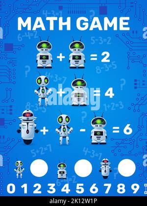 Arbeitsblatt für mathematische Spiele. Cartoon-Roboter und Droiden mit Motherboard-Linien. Kinder Bildung Vektor Puzzle Quiz, Zählen Rätsel mit modernen Roboter-Zeichen auf dem Hintergrund der Mathematik-Übungen Stock Vektor