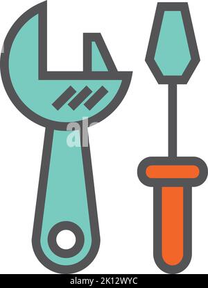 Farbsymbol für Handwerkzeuge. Metallschlüssel und Schraubendreher Stock Vektor