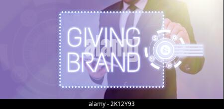 Textschild mit der Angabe der Marke. Überblick über das Unternehmen der Prozess der Namenszugabe für Produkte oder Dienstleistungen eines Unternehmens Stockfoto