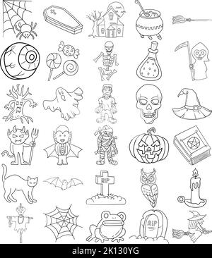 Handgezeichnetes Halloween Doodle Line Art Outline Set mit Fledermaus, schwarzer Katze, Teufel, Geist, Mama, Spukhaus, Kessel, Hexe, Hexenhut Stock Vektor