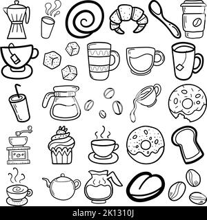 Kaffee handgezeichnetes Doodle Line Art Outline-Set mit Koffein, Cappuccino, Espresso, Brühe, entkoffeinierten, Dekoktion, Demitasse, Tinte, java, Mokka, Schlamm Stock Vektor