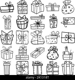 Geschenkboxen handgezeichnetes Doodle Line Art Outline Set mit Geschenk, Geschenkbox, Pflegepaket, Paket, Goodie-Box, Geschenkschachtel, Geschenkpapier Stock Vektor