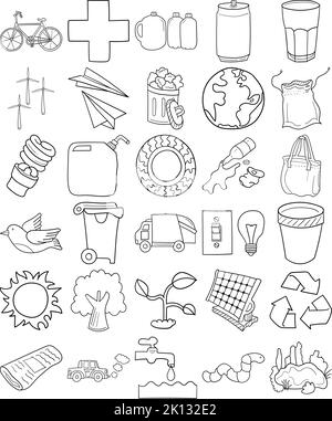 Handgezeichnetes Doodle Line Art Outline Set mit Erde, Wasser, Recycling, Pflanze, Papierkorb, Mülleimer, Zeitung, Plastikflaschen, Glas Stock Vektor