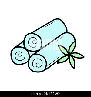 Drei rollte heiße Handtücher isoliert auf weißem Hintergrund. Spa, Wellness-Element für Design. Piktogramm im Badezimmer im Doodle-Stil Stock Vektor