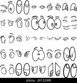 Augen handgezeichnetes Doodle Line Art Outline Set mit Augen, Optik, Augenausdruck, Augen Körpersprache, Aufschauen, Blick nach unten, Blick zur Seite Stock Vektor