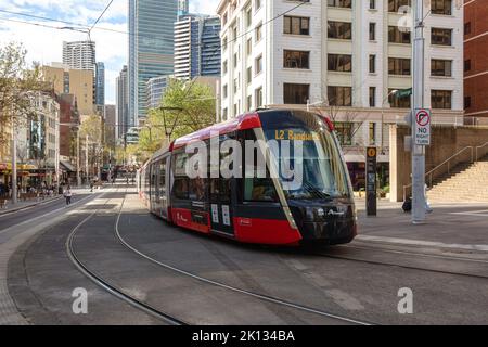Eine Stadtbahn in Sydney auf der George Street in Richtung Süden Stockfoto
