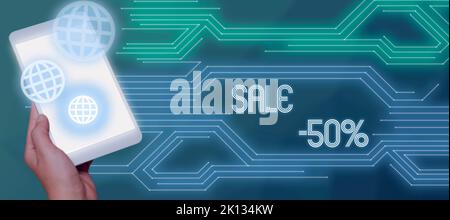 Hand schreiben Zeichen Verkauf 50. Unternehmensübersicht Ein Aktionspreis für einen Artikel mit einem Preisverschlag von 50 % Stockfoto