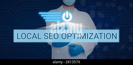 Konzeptioneller Titel Lokale Seo-Optimierung. Geschäftsidee Erhöhen Sie die Sichtbarkeit der Suche auf „Top-Liste“ Stockfoto