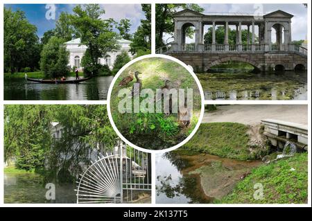 Der wunderschöne und üppige Park, der den Katharinepalast umgibt, befindet sich in der Stadt Tsarskoye Selo (Puschkin), St. Petersburg, Russland Stockfoto