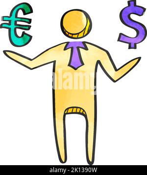 Geschäftsmann mit Euro- und Dollar-Zeichen. Stock Vektor