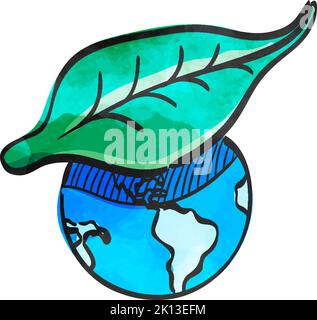 Globus mit Blattsymbol im Aquarellstil. Stock Vektor