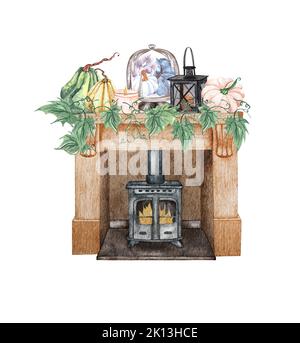 Wasserfarbener Kamin mit Kürbisdekor. Ernte Kürbis und Blumen Anordnung in rustikalem Stil. Erntedankfest. Herbstkamin Stockfoto