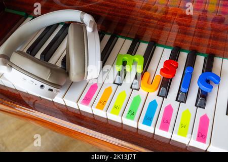 Plakat mit dem Wort Musik. Briefe, Noten und Kopfhörer auf dem Klavier aus der Nähe Stockfoto