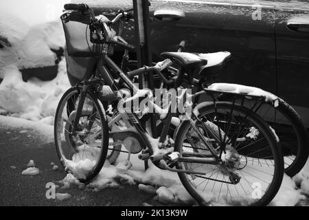 Eine Graustufenaufnahme von mit Schnee bedeckten Fahrrädern auf der Straße in New York City Stockfoto