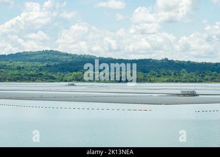 Schwimmende Solarfarm oder schwimmende Photovoltaik. Solarstrom. Landschaft von Sonnenkollektoren, die auf dem Wasser im Stausee oder See schwimmen. Solartechnik. Stockfoto