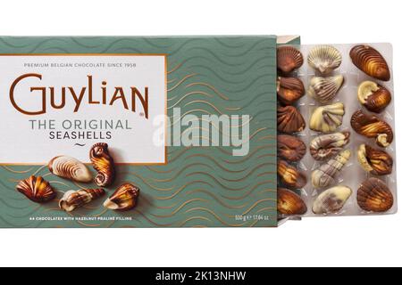 Große Schachtel mit Guylian The Original Seashells Belgische Pralinen Seashells auf Weiß - feinste belgische Pralinen mit Haselnusspralinenfüllung Stockfoto