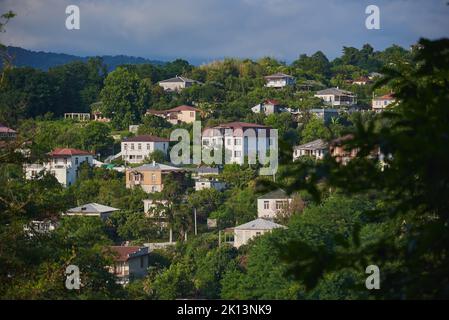Weiße Steinhäuser am Hang inmitten der Bäume. Eine kleine Stadt auf einem Berg. Stockfoto