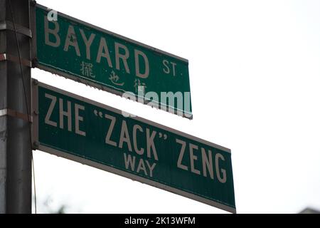 bayard Street grünes Schild unter starkem Regen in chinatown New york City manhattan Stockfoto