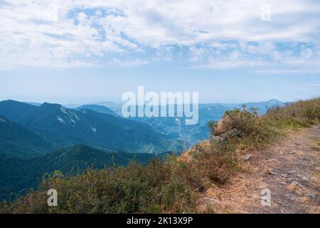 Alpine Meadows Trail, Alpine Meadows Walking Route. Luftaufnahme des grünen Bergtals, umgeben von hohen Bergen. Stockfoto