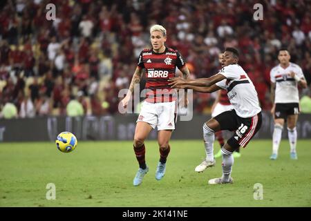 Rio de Janeiro-Brasilien 14. September 2022, Flamengo Arrascaeta Spieler, isst sein Tor, während eines Spiels zwischen Flamengo und São Paulo, Halbfinale der Stockfoto