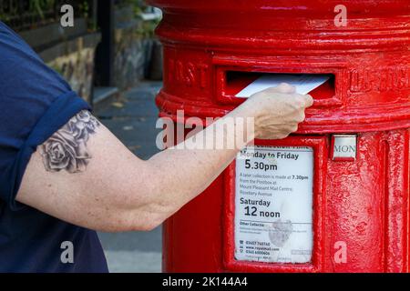 Eine Person, die einen Brief in einer traditionellen roten Säulenbox, London, Großbritannien, postet Stockfoto