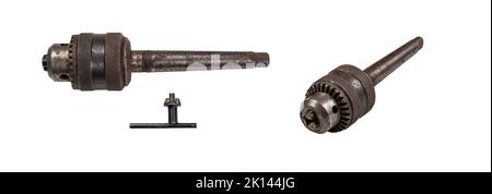 Gebrauchter Halter für Bohrer. Isoliert auf weißem Hintergrund Stockfoto