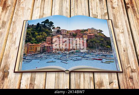 Schöne alte Lerici-Stadt in Ligurien (Italien) - 3D Renderbild eines geöffneten Fotobuchs isoliert auf Weiß - Ich bin der Urheberrechtsinhaber von t Stockfoto