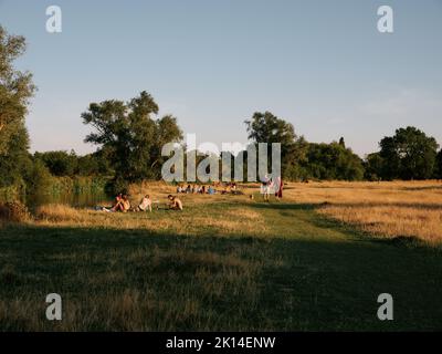 Sommerleben und Abendlicht auf den Grantchester Meadows am Fluss Cam in Cambridge Cambridgeshire England Großbritannien - Sommerliches Landleben Stockfoto