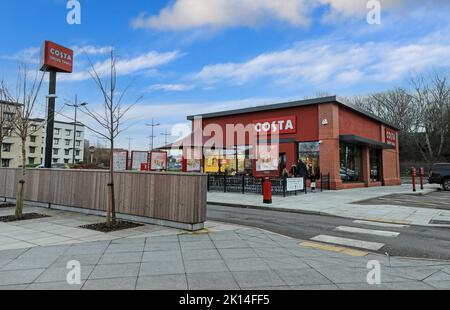 Eine Fahrt durch Costa Coffee Shop, Hanley, Stoke-on-Trent, Staffs, England, VEREINIGTES KÖNIGREICH Stockfoto