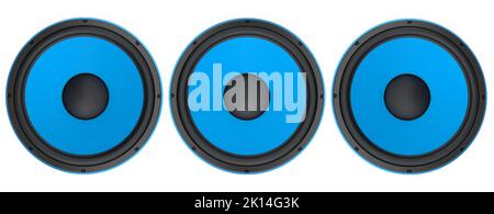 HiFi-Lautsprecher mit isolierten Lautsprechern auf weißem Hintergrund. 3D Rendern von Audiogeräten wie Boombox für Tonaufnahmen Stockfoto