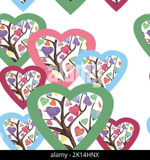 Hand gezeichnet Aquarell Valentines nahtlose Muster mit farbigen Herzen und Bäumen inside.Valentines Tag, Hochzeit, Geburtstag Muster Stockfoto