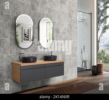 Riesiger Master Bethroom. Modernes Badezimmer mit Holzdekor im Öko-Stil. 3D Rendern Stockfoto