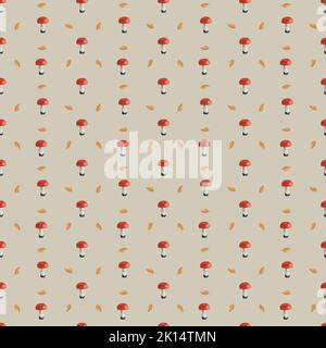 Aquarell-Pilzmuster. Niedliches Nahtmuster. Aquarellwald. Floraler Hintergrund. Nahtloses Muster mit abstraktem Blatt. Repaet-Druck im Herbst. Stockfoto