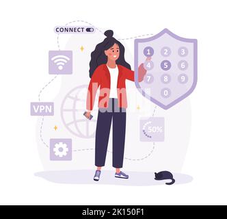 VPN-Verbindung. Frau, die ein virtuelles privates Netzwerk nutzt. Kennwortsicherheit. Geschützte Zugriffskontrolle, Datenschutz. Vektorgrafik in flacher Form Stock Vektor