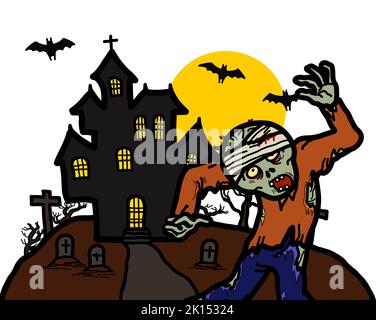 Ein Zombie-Geist, der mit einem halloween-Spukhaus-Hintergrund läuft. Furchterregendes Albtraum-Konzept. Stockfoto
