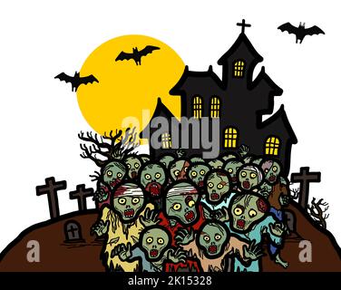 Eine Gruppe von Zombies Geist zu Fuß mit einem Halloween Spukhaus Hintergrund. Furchterregendes Albtraum-Konzept. Stockfoto