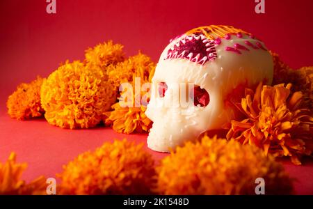 Zuckerschädel mit Kerze, Crepasuchil-Blüten oder Ringelblume und Papel Picado. Dekoration traditionell in Altären für die Feier des Tages verwendet Stockfoto