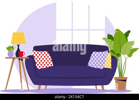 Modernes Sofa mit Mini-Tisch. Interieur des Wohnzimmers mit Möbeln. Flacher Cartoon-Stil. Vektorgrafik. Stock Vektor