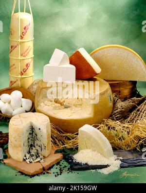 Italienischer Käse in Gruppenfoto, malerischer Filter angewendet. Grün getönter melierter Hintergrund. Studio-Tischplatte, klassisches Bild Stockfoto