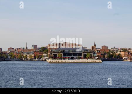 Fells Point, Baltimore vom Wasser im Winter Stockfoto