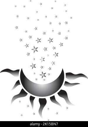 Sterne, die in Mond und Sonne fallen Schwarz-Weiß-Grafik mit himmlischen Grafiken Stock Vektor